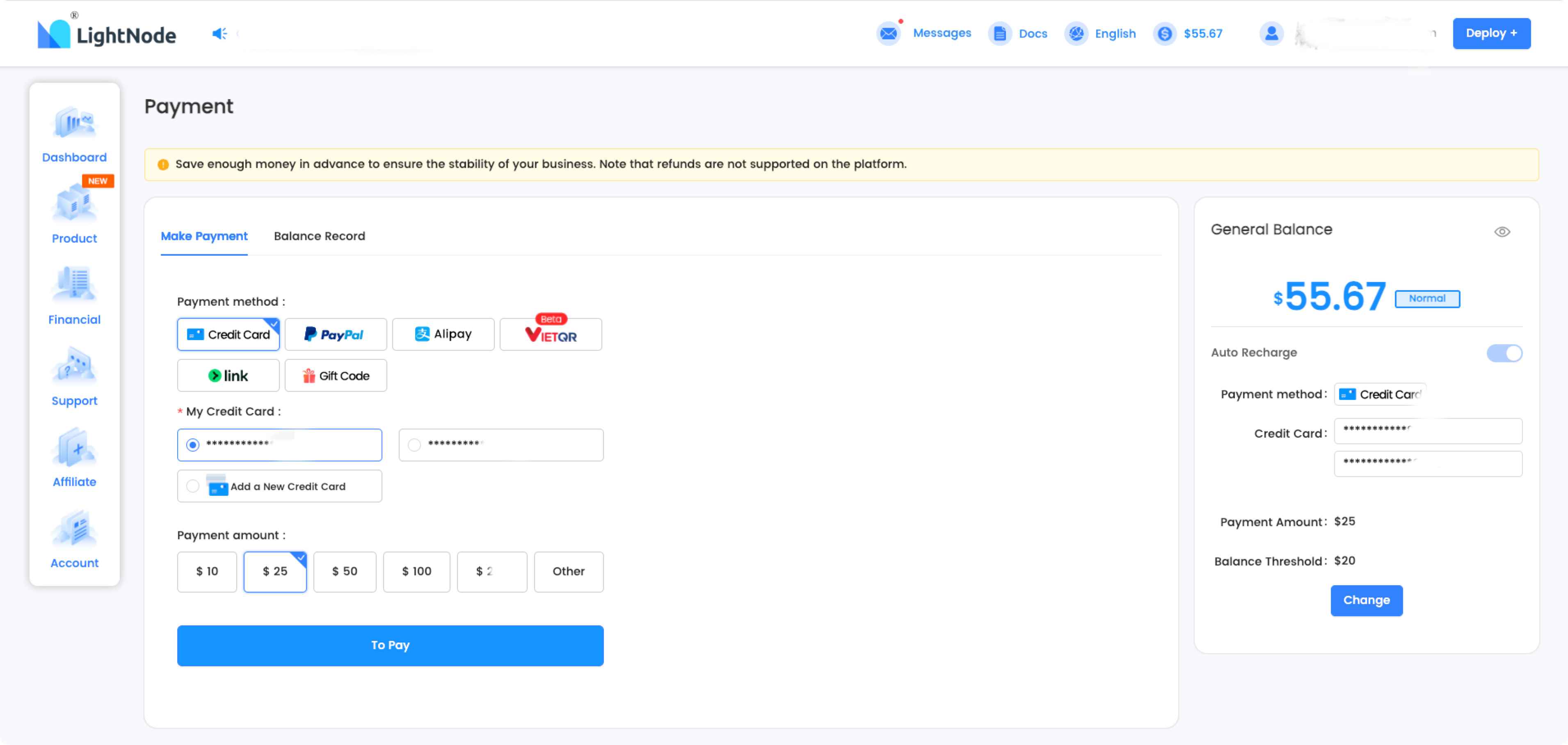 LightNode 自动充值 + 链接支付