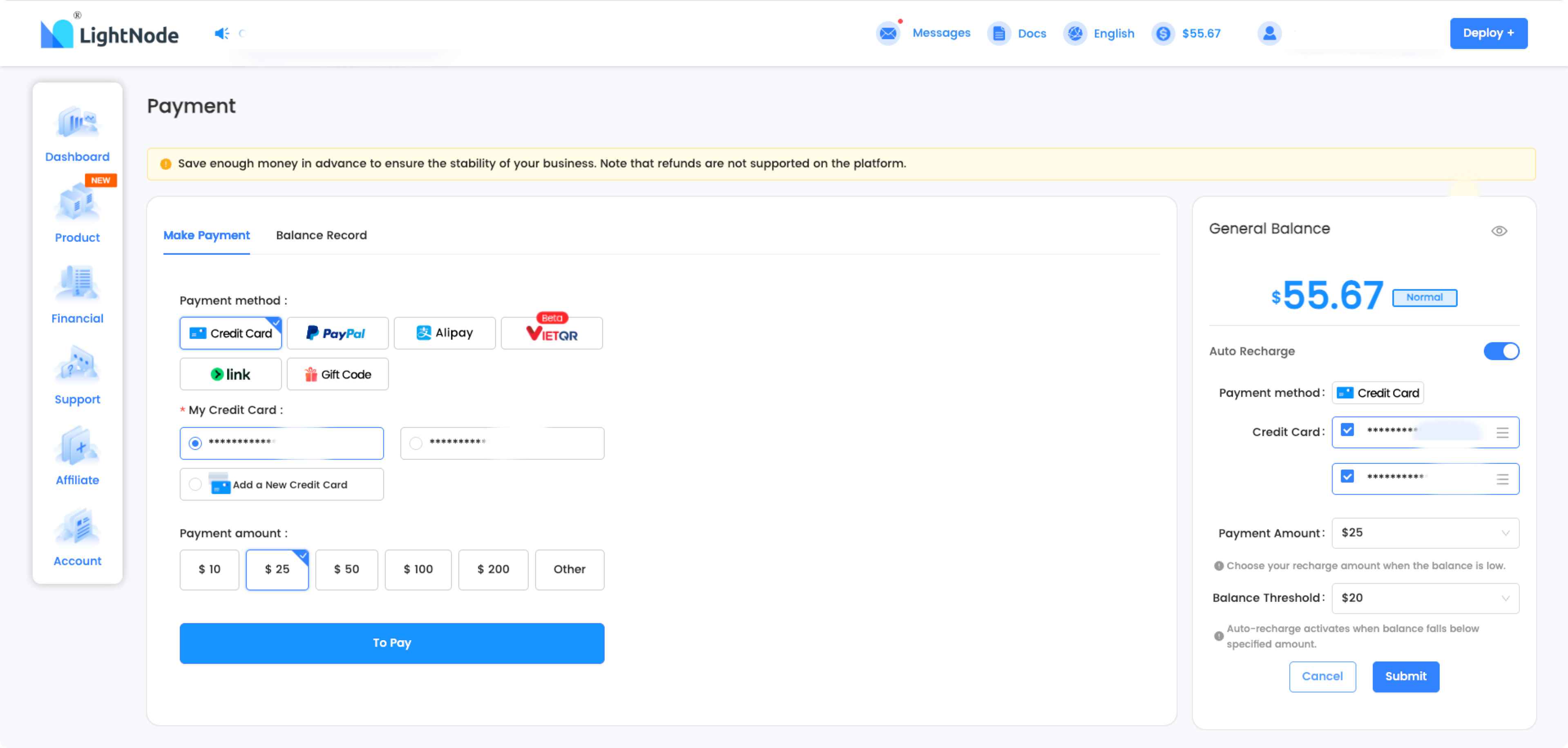 LightNode 自动充值 + 链接支付